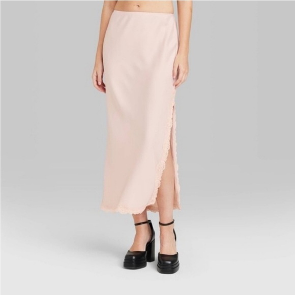 NWT size L Wild Fable Woman's Satin Lace Trim Midi Skirt ~ Pink - Picture 1 of 9